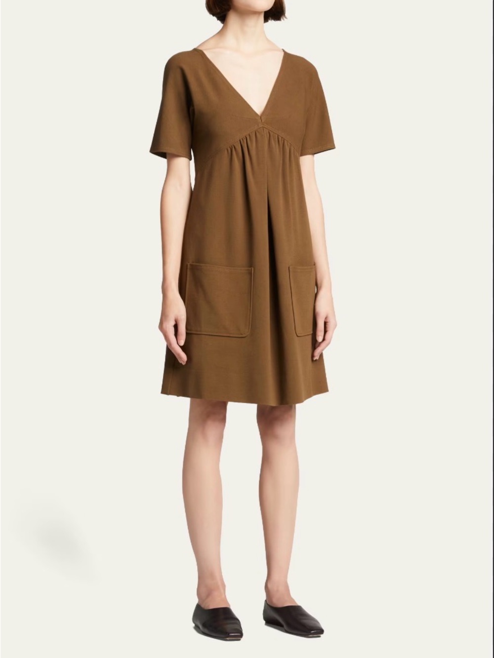 Rebecca Taylor Olive-Brown V-Neck Short Sleeve Pocket Dress